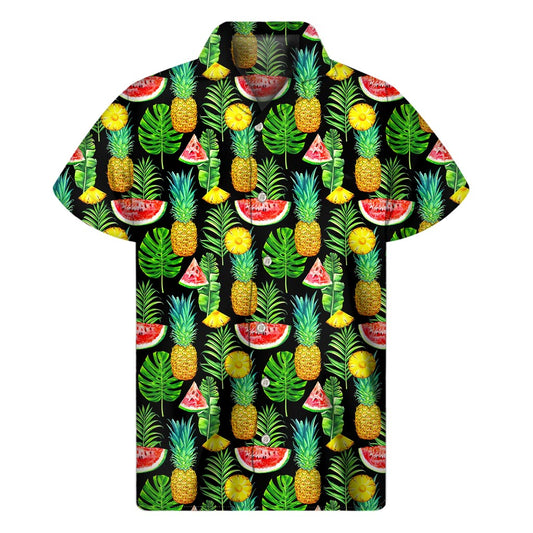 Black Tropical Pineapple Pattern Print Men's Short Sleeve Shirt