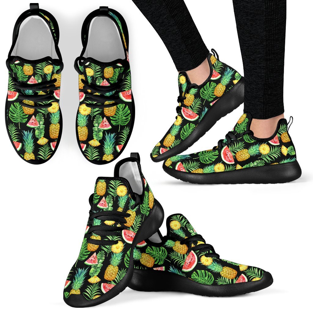 Black Tropical Pineapple Pattern Print Mesh Knit Shoes GearFrost