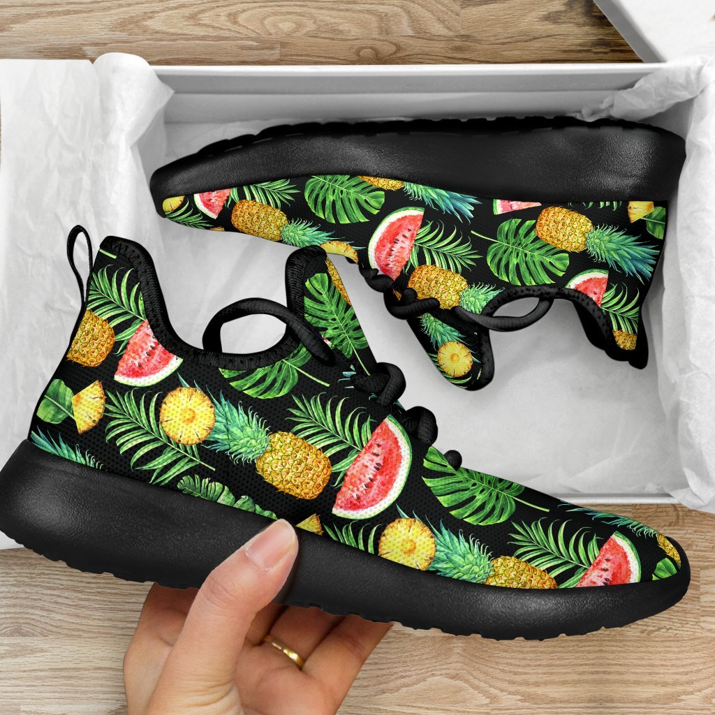 Black Tropical Pineapple Pattern Print Mesh Knit Shoes GearFrost