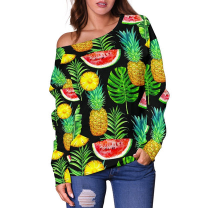 Black Tropical Pineapple Pattern Print Off Shoulder Sweatshirt GearFrost