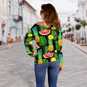 Black Tropical Pineapple Pattern Print Off Shoulder Sweatshirt GearFrost