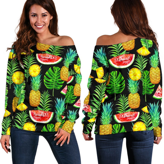 Black Tropical Pineapple Pattern Print Off Shoulder Sweatshirt GearFrost