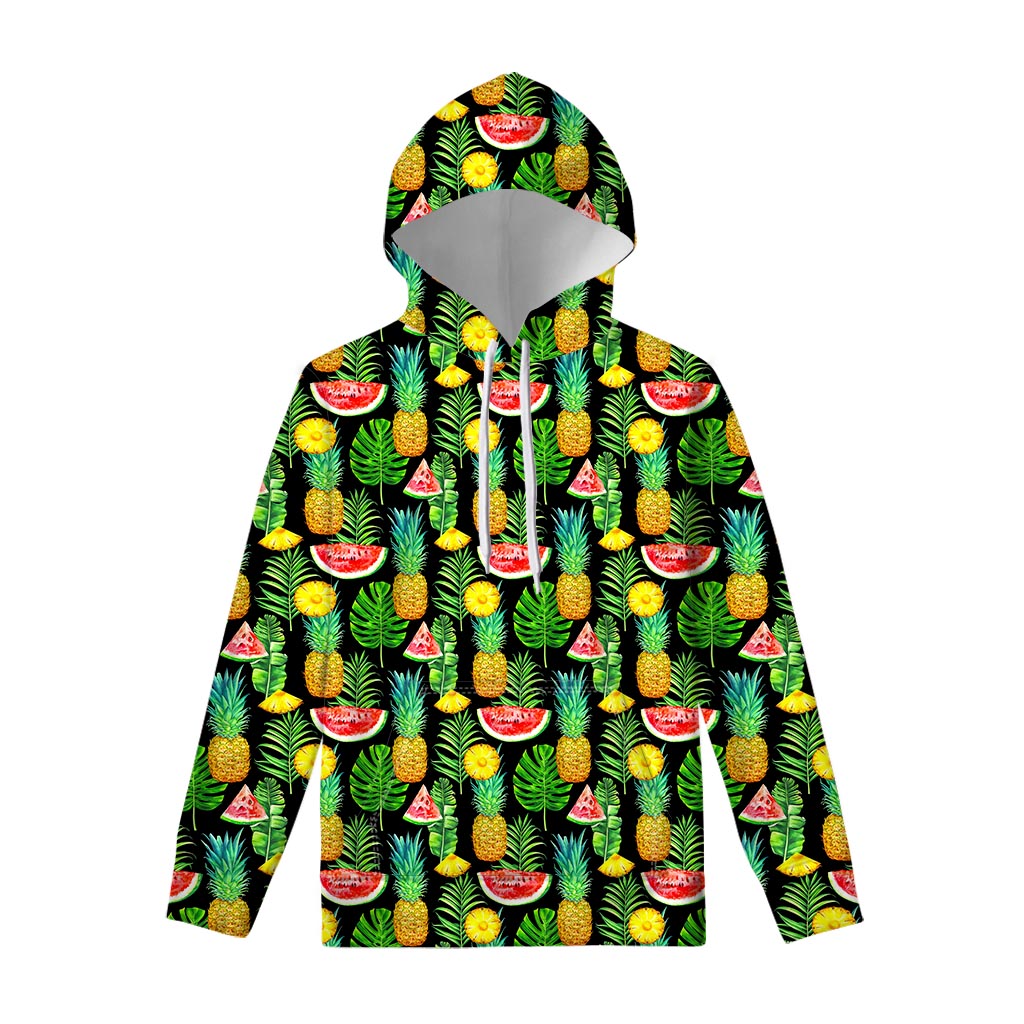 Black Tropical Pineapple Pattern Print Pullover Hoodie