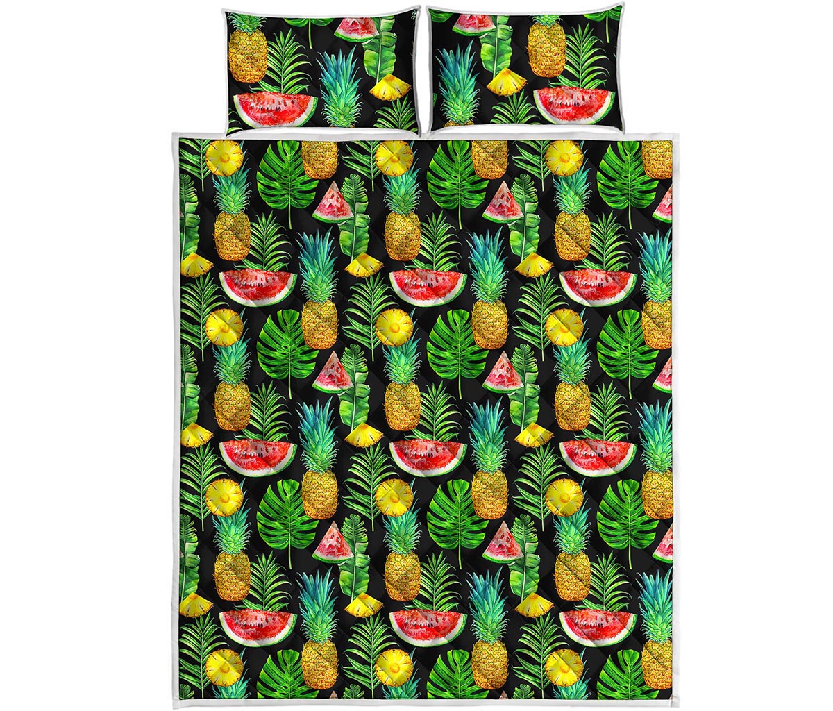 Black Tropical Pineapple Pattern Print Quilt Bed Set