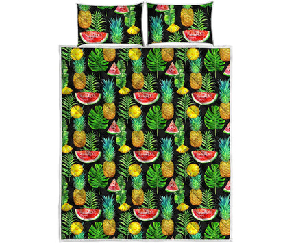 Black Tropical Pineapple Pattern Print Quilt Bed Set