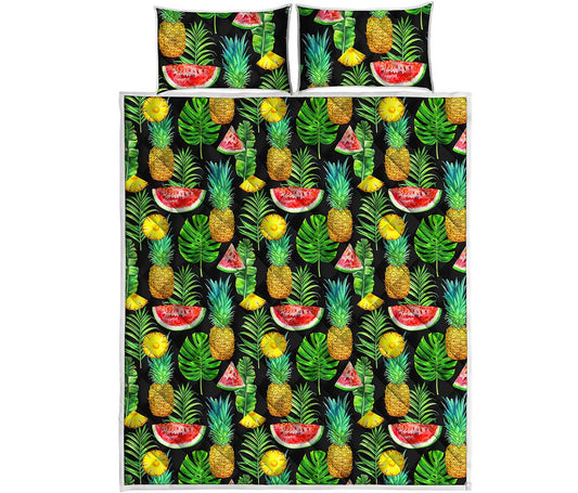 Black Tropical Pineapple Pattern Print Quilt Bed Set