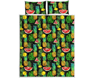 Black Tropical Pineapple Pattern Print Quilt Bed Set