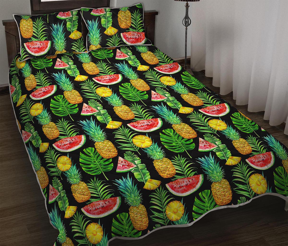 Black Tropical Pineapple Pattern Print Quilt Bed Set