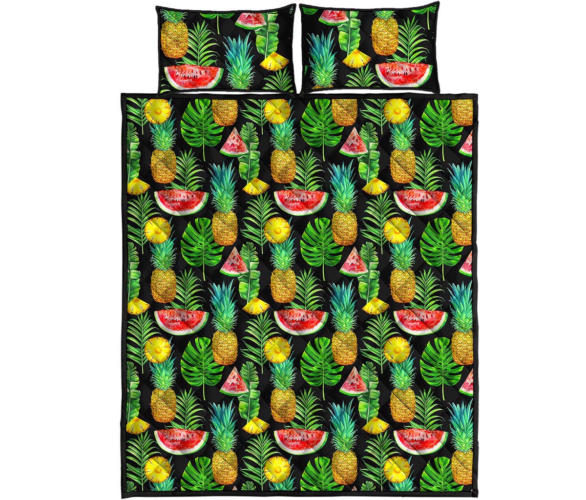 Black Tropical Pineapple Pattern Print Quilt Bed Set