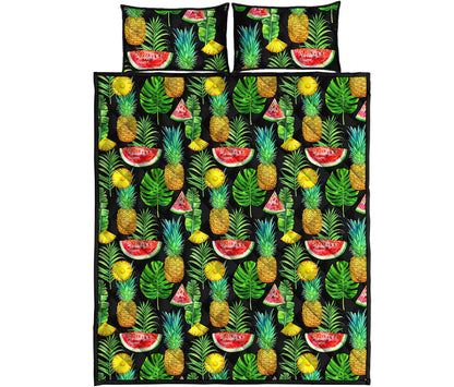 Black Tropical Pineapple Pattern Print Quilt Bed Set
