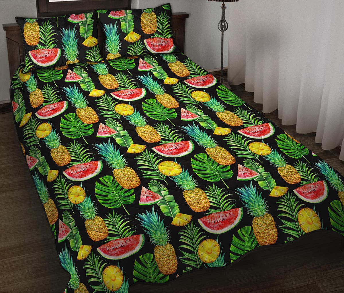 Black Tropical Pineapple Pattern Print Quilt Bed Set