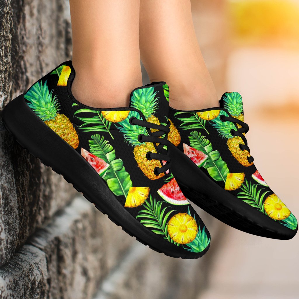 Black Tropical Pineapple Pattern Print Sport Shoes GearFrost