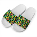 Black Tropical Pineapple Pattern Print White Slide Sandals