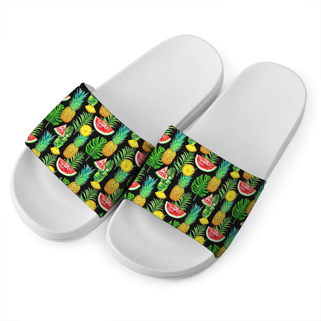 Black Tropical Pineapple Pattern Print White Slide Sandals