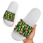 Black Tropical Pineapple Pattern Print White Slide Sandals