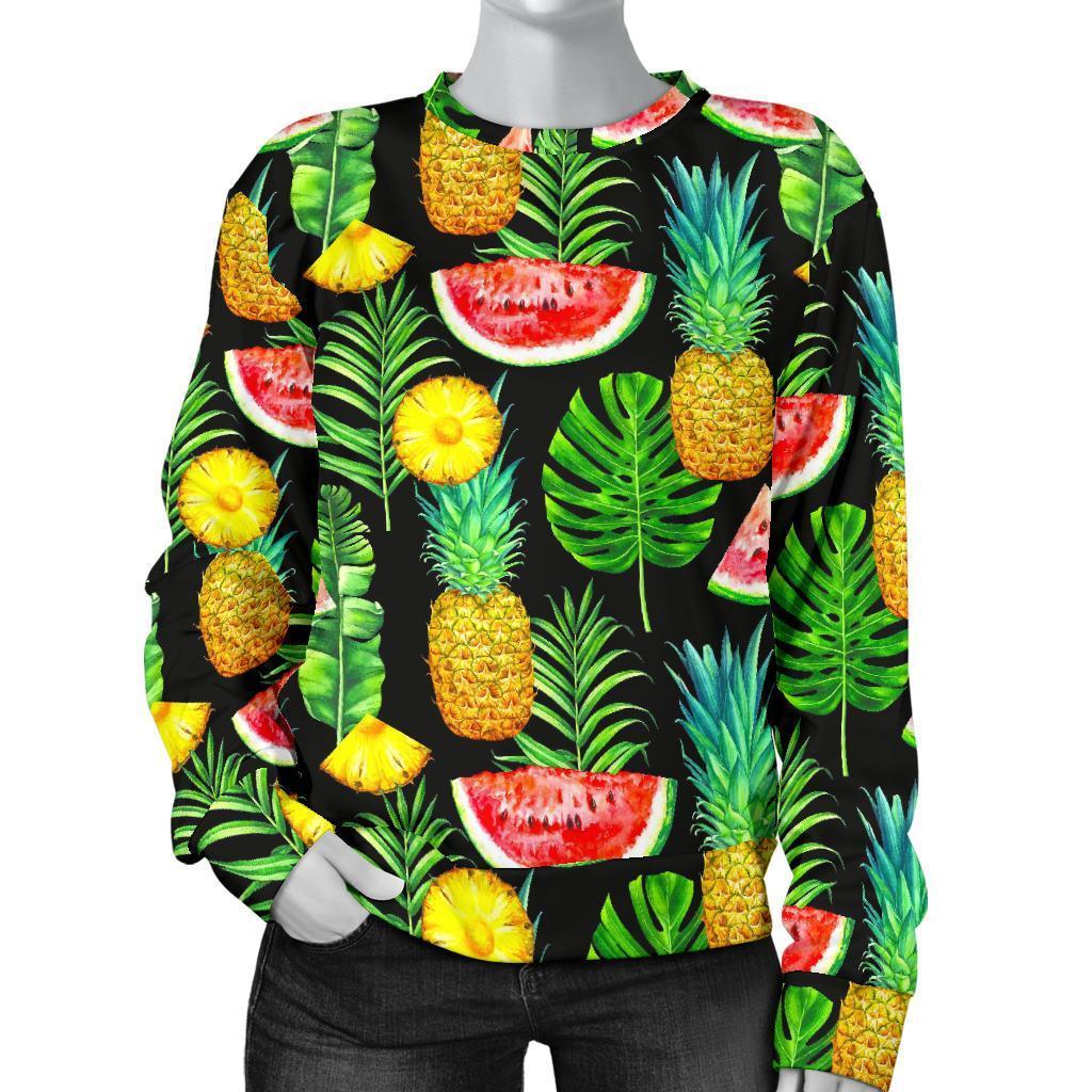 Black Tropical Pineapple Pattern Print Women's Crewneck Sweatshirt GearFrost