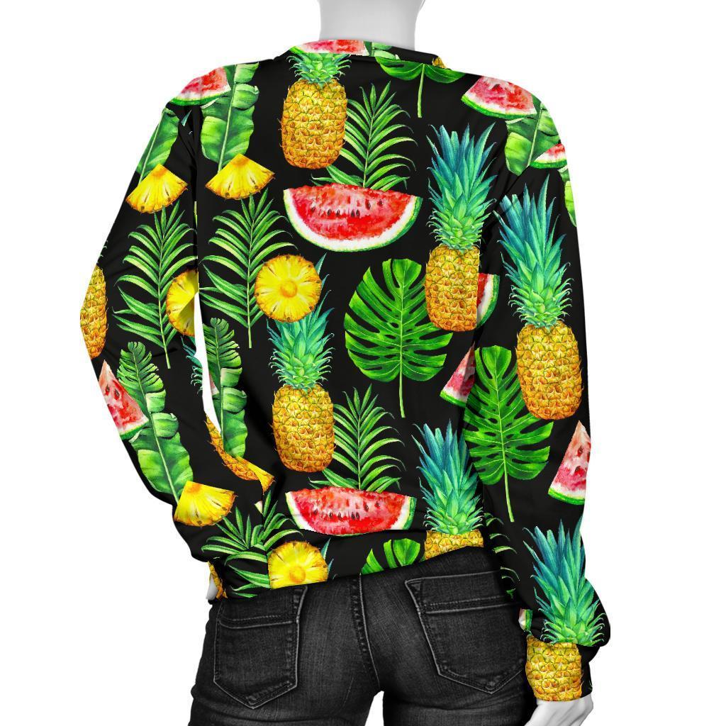 Black Tropical Pineapple Pattern Print Women's Crewneck Sweatshirt GearFrost