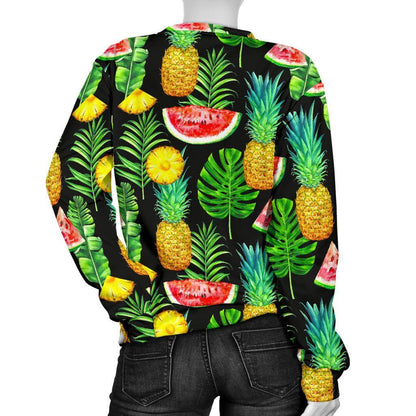 Black Tropical Pineapple Pattern Print Women's Crewneck Sweatshirt GearFrost