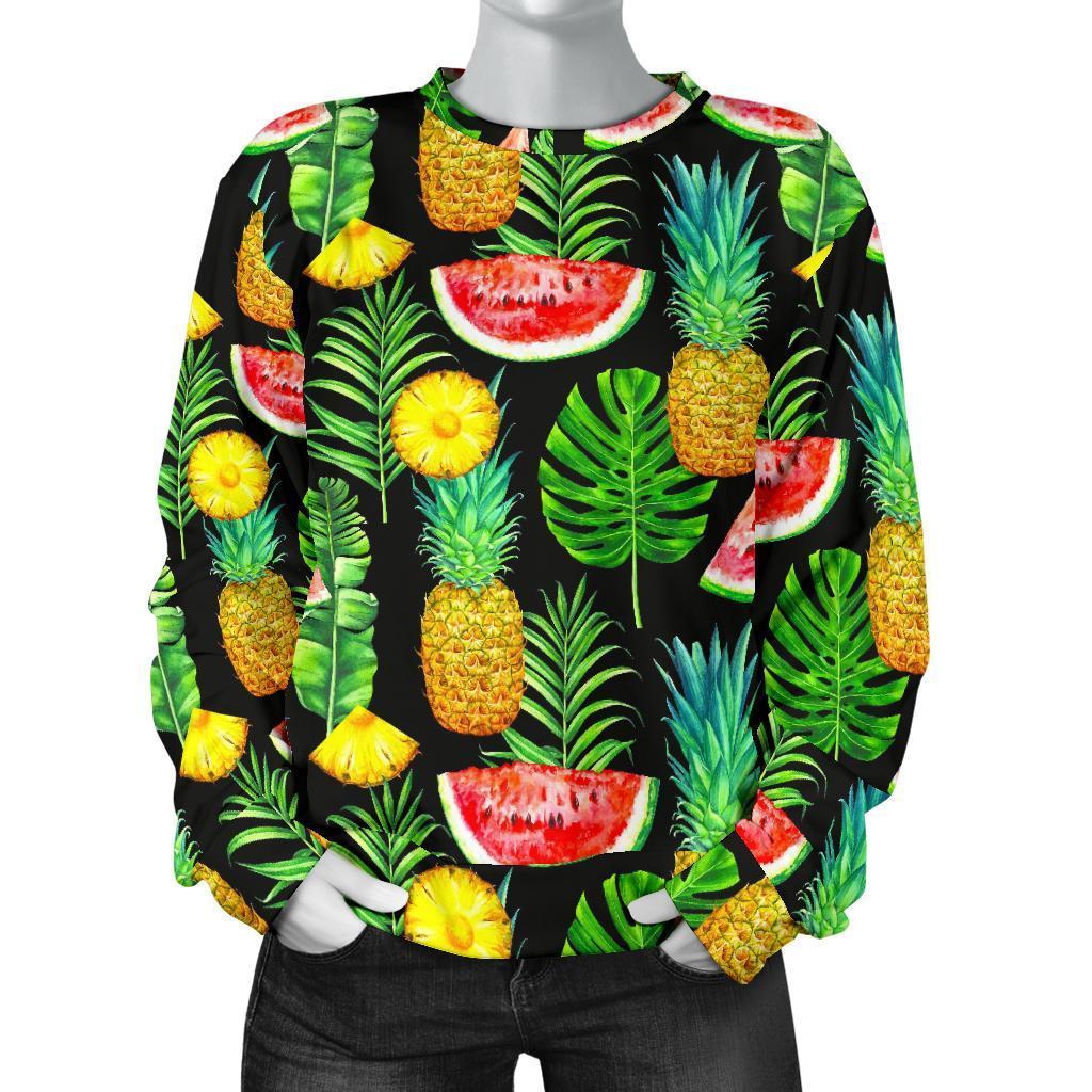 Black Tropical Pineapple Pattern Print Women's Crewneck Sweatshirt GearFrost