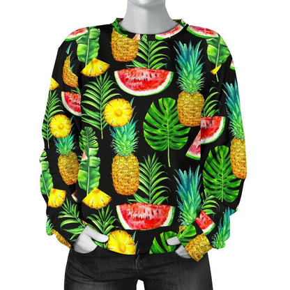 Black Tropical Pineapple Pattern Print Women's Crewneck Sweatshirt GearFrost