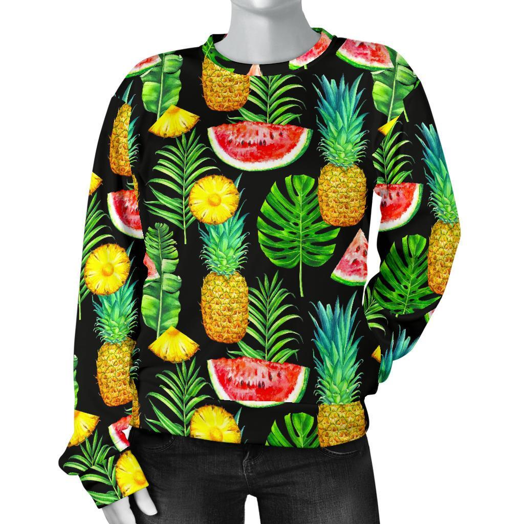 Black Tropical Pineapple Pattern Print Women's Crewneck Sweatshirt GearFrost