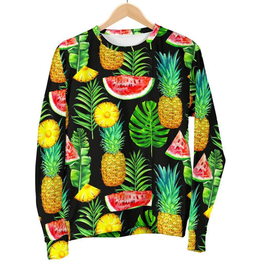 Black Tropical Pineapple Pattern Print Women's Crewneck Sweatshirt GearFrost