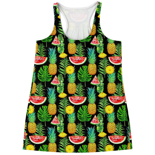 Black Tropical Pineapple Pattern Print Women's Racerback Tank Top
