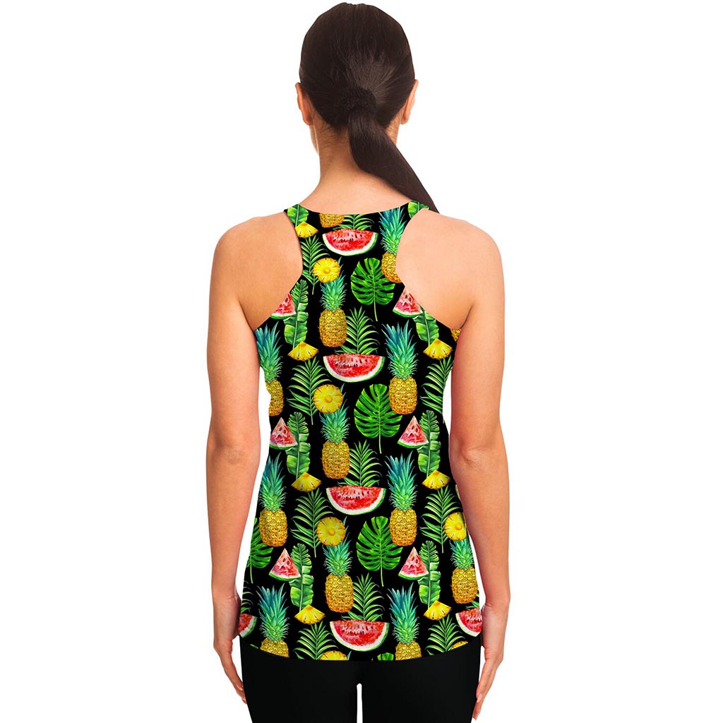 Black Tropical Pineapple Pattern Print Women's Racerback Tank Top