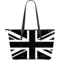 Black Union Jack British Flag Print Leather Tote Bag With Zipper