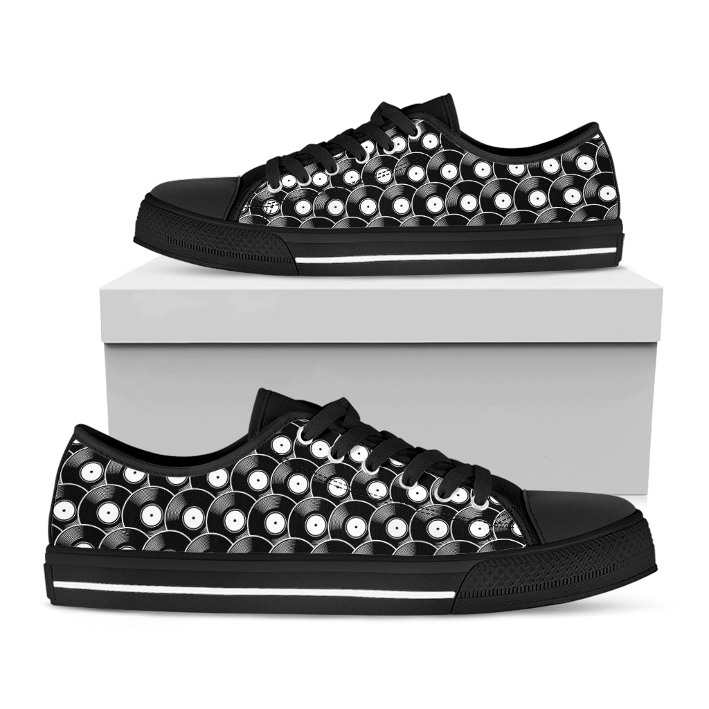 Black Vinyl Record Pattern Print Black Low Top Shoes