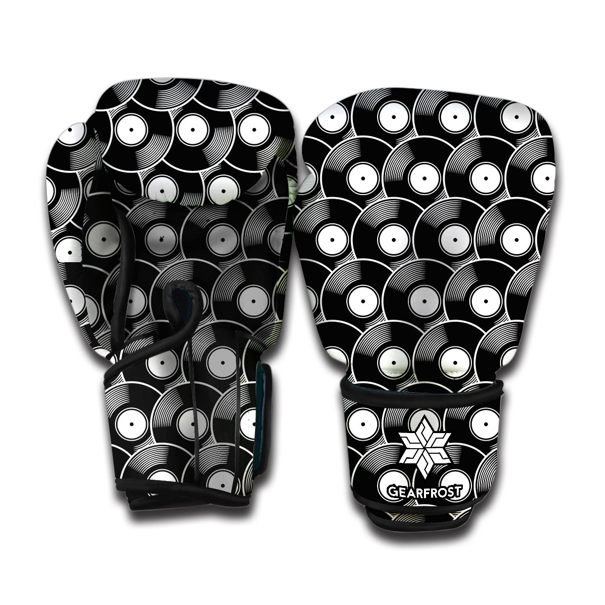 Black Vinyl Record Pattern Print Boxing Gloves