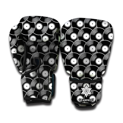 Black Vinyl Record Pattern Print Boxing Gloves