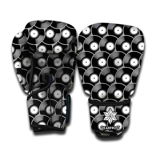 Black Vinyl Record Pattern Print Boxing Gloves