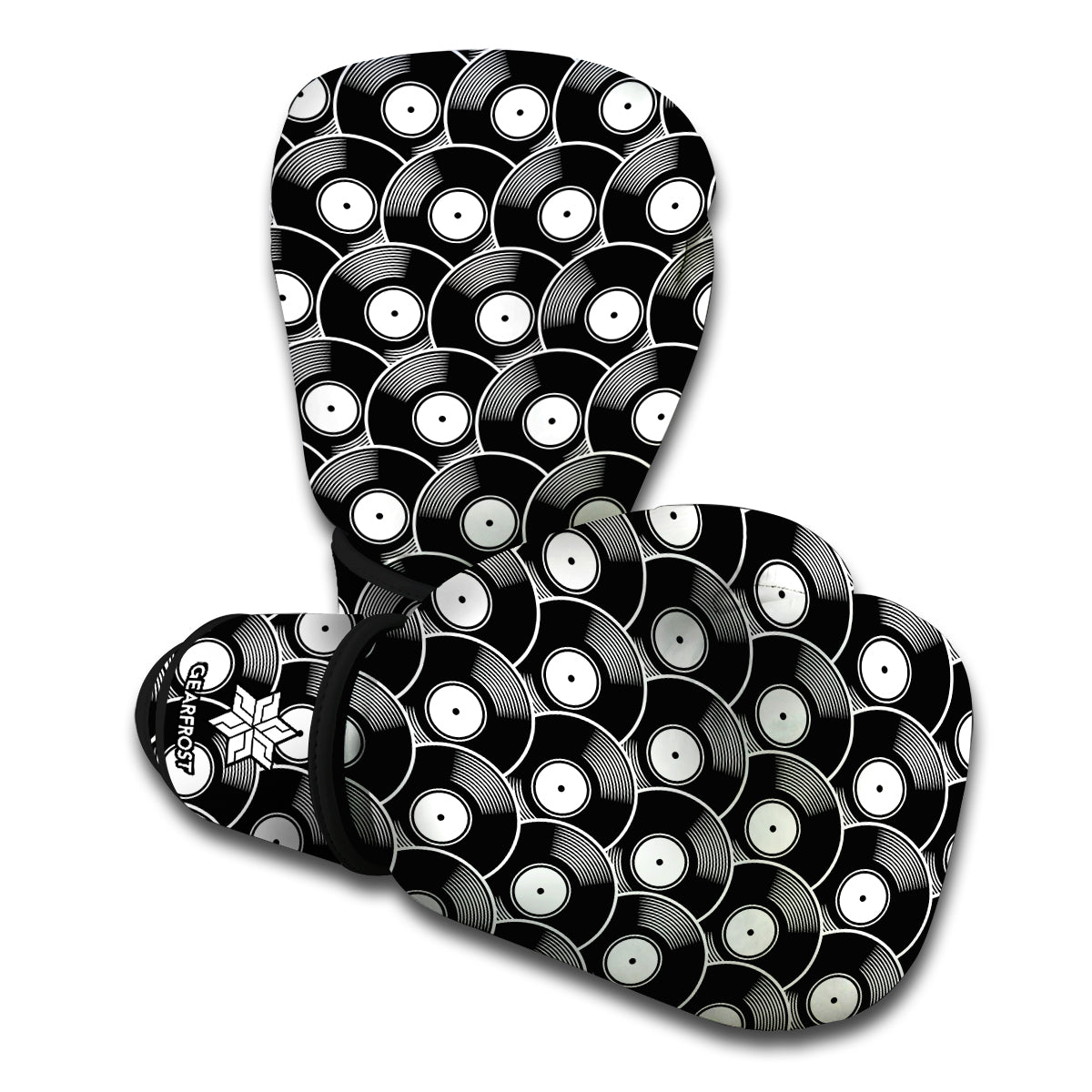 Black Vinyl Record Pattern Print Boxing Gloves