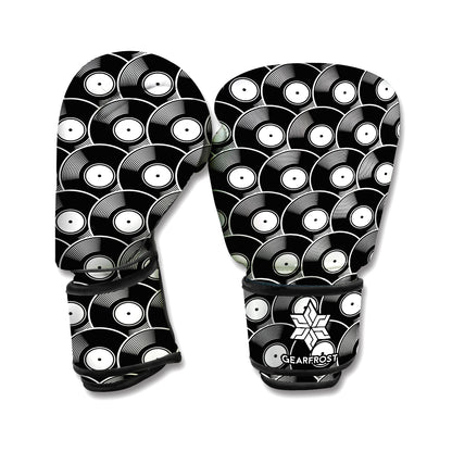 Black Vinyl Record Pattern Print Boxing Gloves