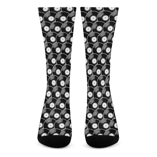 Black Vinyl Record Pattern Print Crew Socks