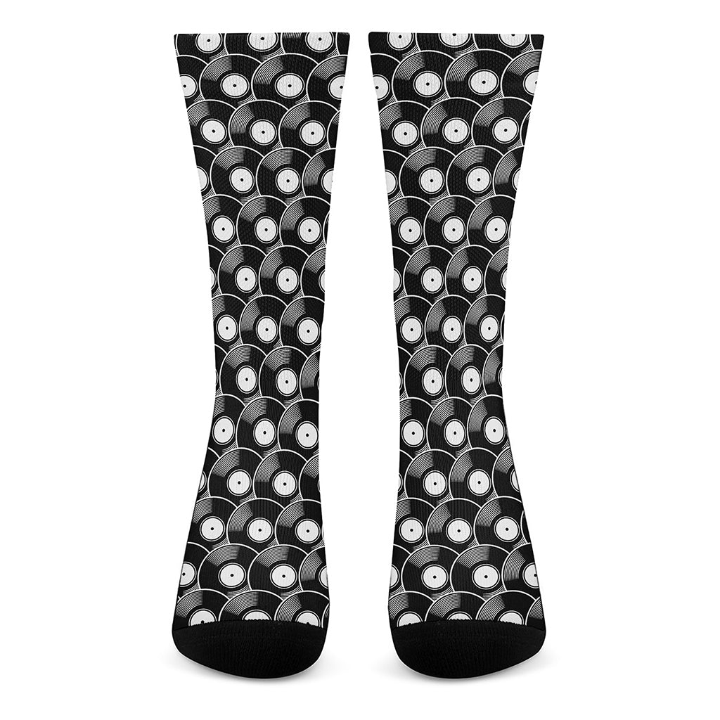 Black Vinyl Record Pattern Print Crew Socks