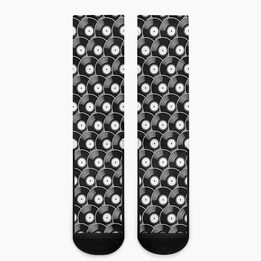 Black Vinyl Record Pattern Print Crew Socks