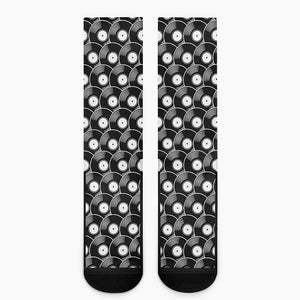 Black Vinyl Record Pattern Print Crew Socks