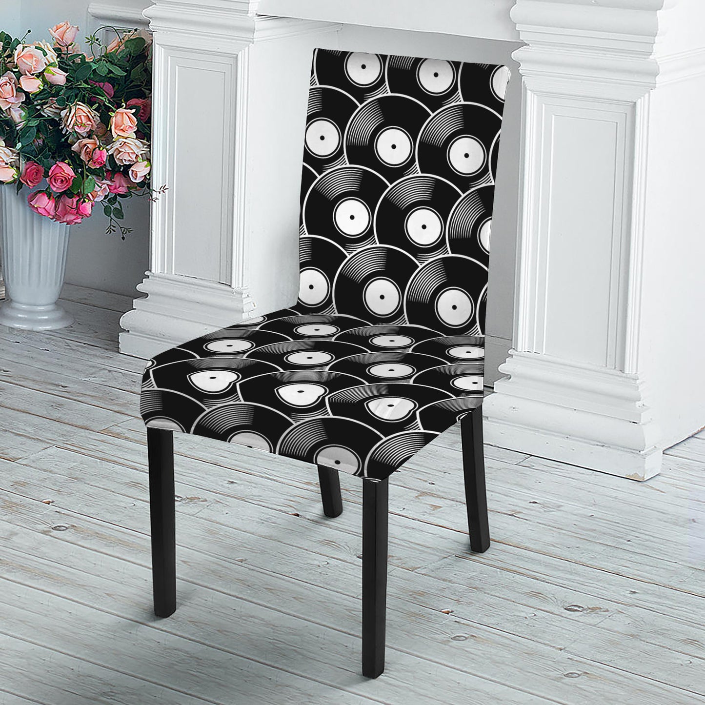 Black Vinyl Record Pattern Print Dining Chair Slipcover