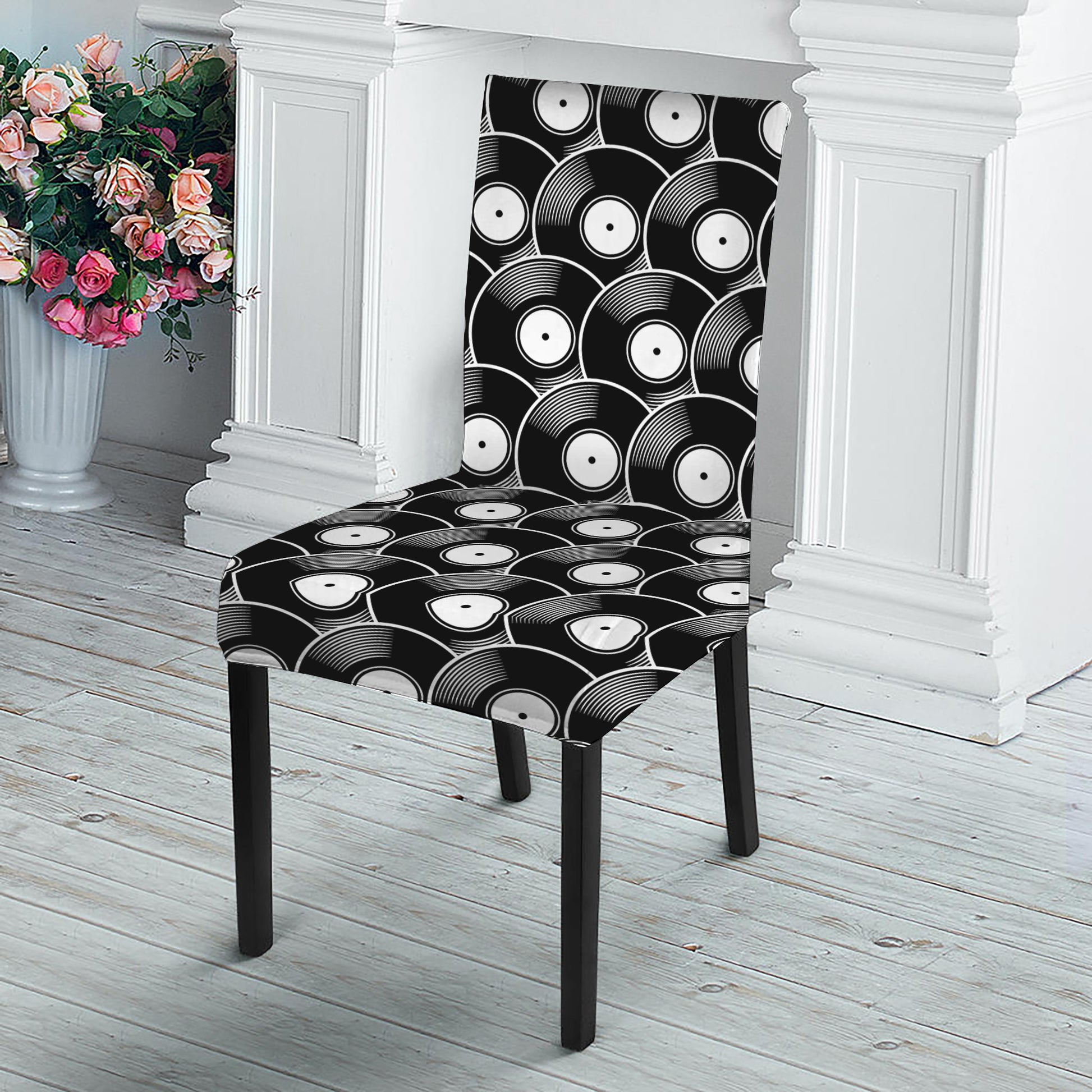Black Vinyl Record Pattern Print Dining Chair Slipcover