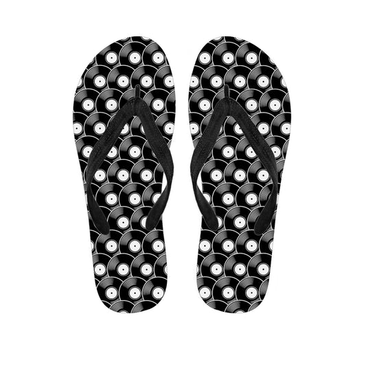 Black Vinyl Record Pattern Print Flip Flops