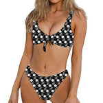 Black Vinyl Record Pattern Print Front Bow Tie Bikini