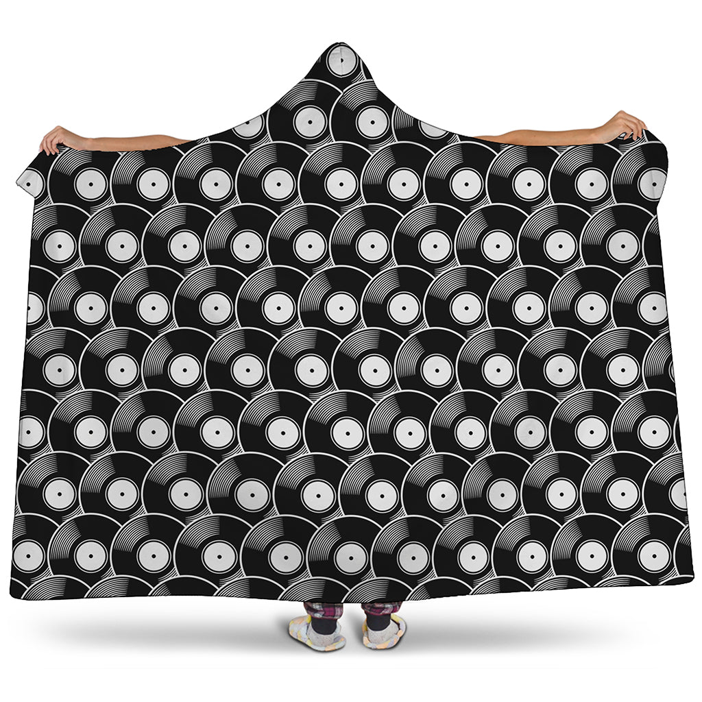 Black Vinyl Record Pattern Print Hooded Blanket