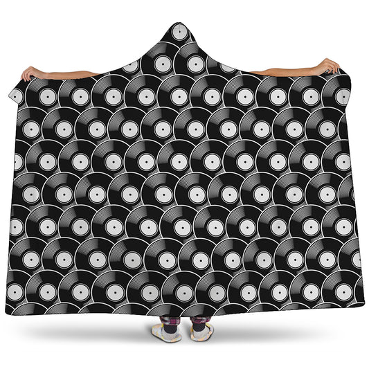Black Vinyl Record Pattern Print Hooded Blanket