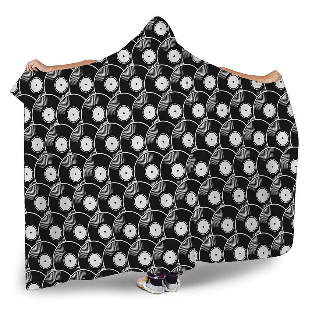 Black Vinyl Record Pattern Print Hooded Blanket