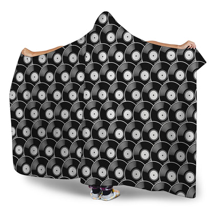 Black Vinyl Record Pattern Print Hooded Blanket