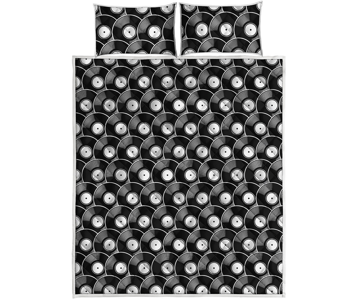 Black Vinyl Record Pattern Print Quilt Bed Set