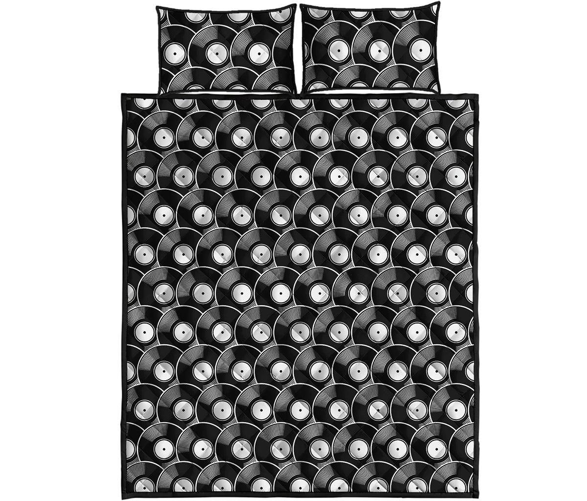 Black Vinyl Record Pattern Print Quilt Bed Set