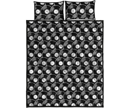 Black Vinyl Record Pattern Print Quilt Bed Set